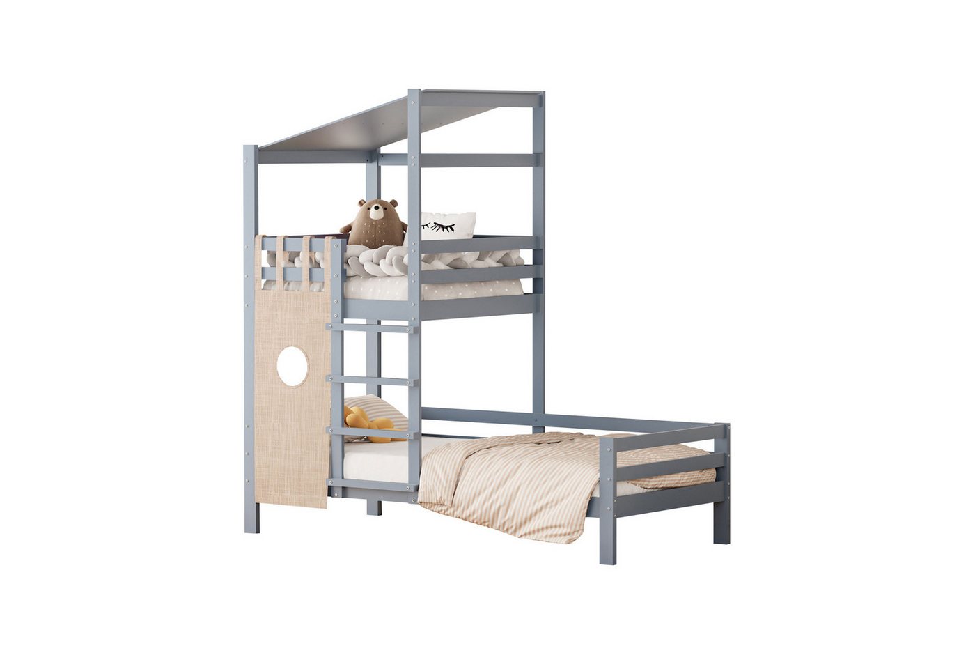 OKWISH Kinderbett Etagenbett mit Dach Premium Massivholzbett mit Lattenrost (90x200 cm), ohne Matratze von OKWISH