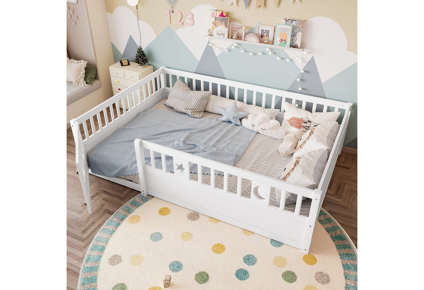 OKWISH Kinderbett Funktionsbett Holzbett (Gitter mit Sicherheitsschloss, Stern- und Monddekoration, Minimalistisches Design, 140 x 190 cm), ohne Matratze von OKWISH