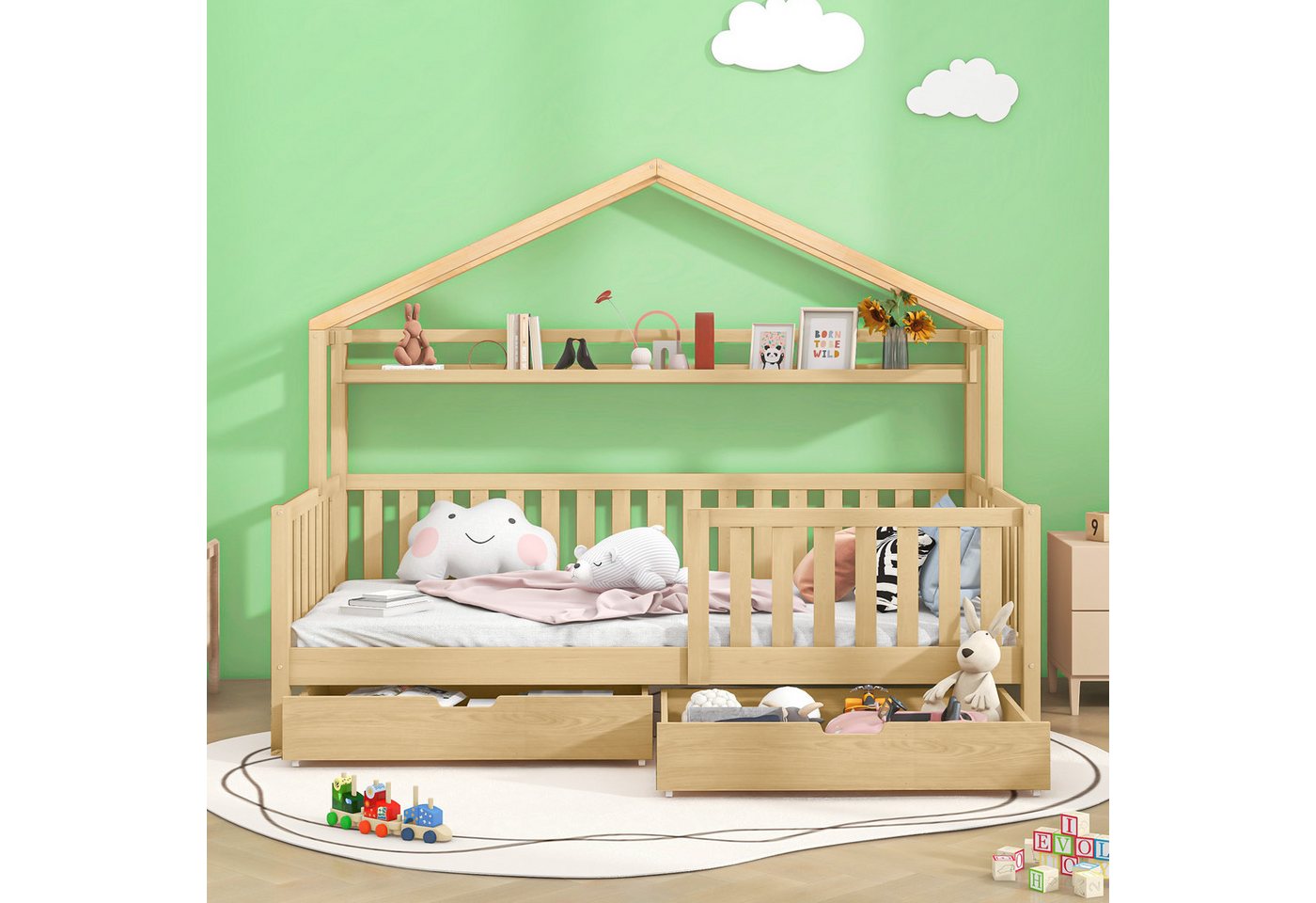 OKWISH Kinderbett Hausbett (mit Lattenrost, 2 Schubladen,ohne Matratze), aus Kiefernholz und MDF,90x200cm von OKWISH