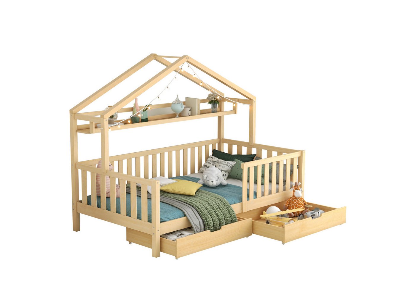 OKWISH Kinderbett Hausbett (mit Lattenrost, 2 Schubladen,ohne Matratze), aus Kiefernholz und MDF,90x200cm von OKWISH