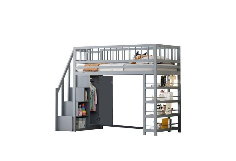 OKWISH Kinderbett Hochbett, Hochzaun-Sicherheitsdesign (mit Kleiderschrank, Regalen und Stauraum, mit Sicherheitskletterleiter, Multifunktionsbett 90 x 200 cm), ohne Matratze von OKWISH