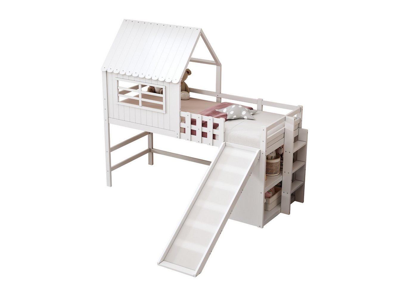 OKWISH Kinderbett Hochbett (Dachhaus-Stil mit Rutsche & Leiter, Stauraum & Spielzone, Massivholz Einzelbett, 90x200 cm), ohne Matratze von OKWISH