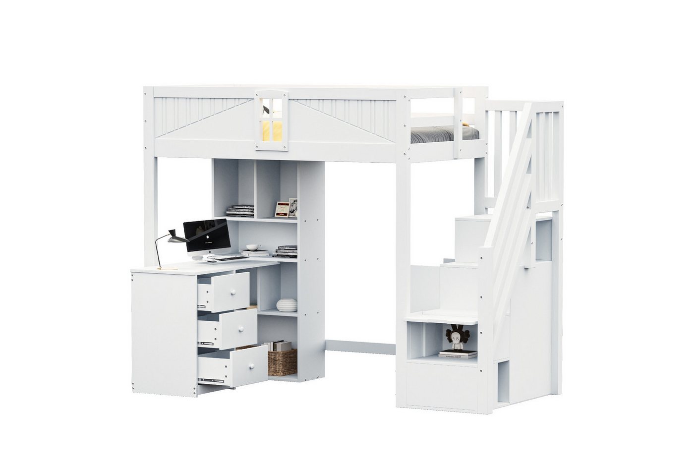 OKWISH Kinderbett Hochbett (Sicherheitsgitter und Fenster, Stauraum und Schreibtisch, Flexibel anpassbare Seitenleiter, 90x200 cm), Inklusive Matratze von OKWISH