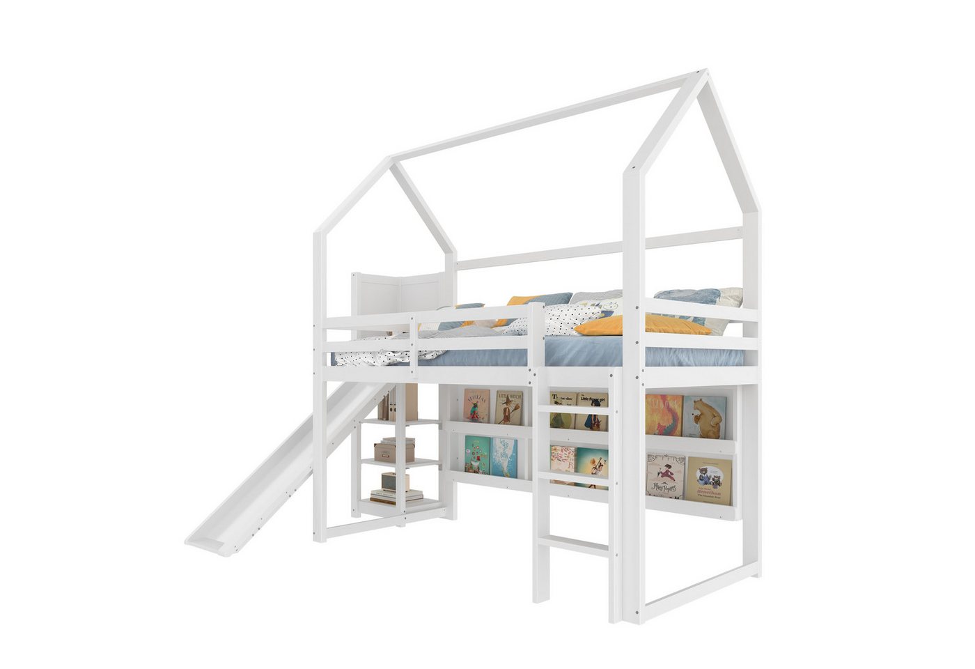 OKWISH Kinderbett Hochbett (mit LED-Beleuchtung, Hausform & Rutsche – Stabil, sicher und mit praktischen Regalen, Holzbett 90x200 cm), ohne Matratze von OKWISH