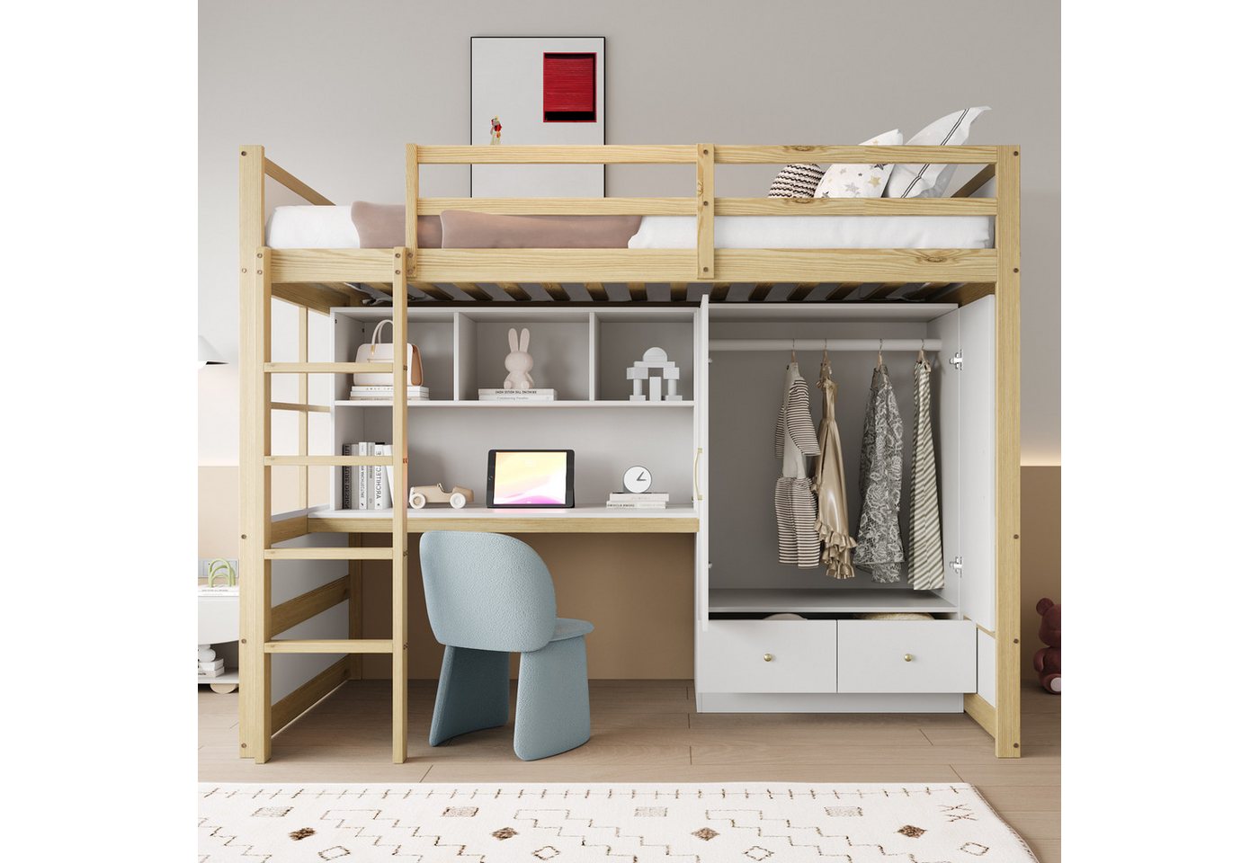 OKWISH Kinderbett Hochbett (mit Leiter, Schreibtisch & Stauraum, Kleiderschrank und Schubladen, 90x200 cm), ohne Matratze von OKWISH