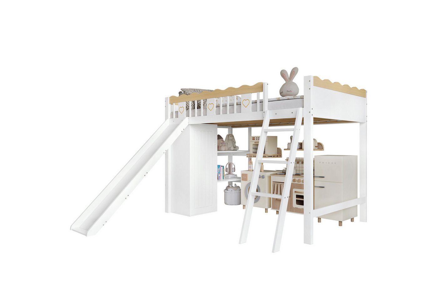 OKWISH Kinderbett Hochbett (mit Rutsche, integriertem Kleiderschrank & Ablageschrank, Jugendbett aus Kiefer + MDF 90x200 cm), ohne Matratze von OKWISH