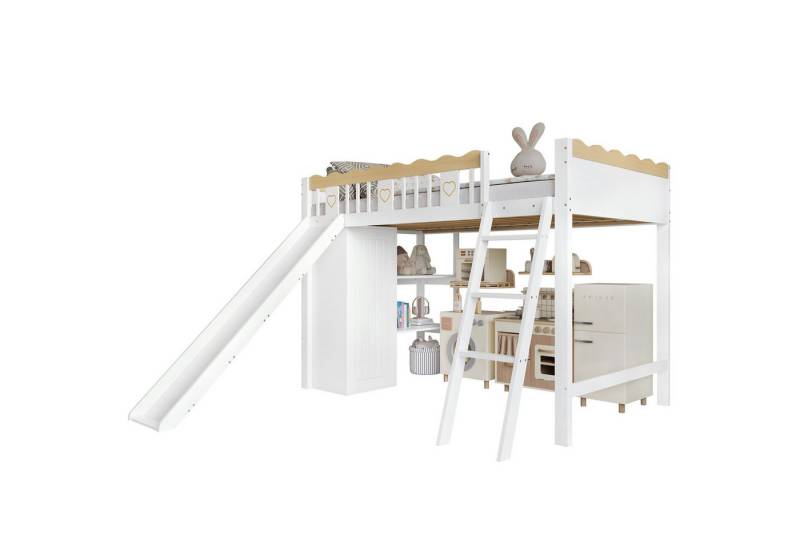 OKWISH Kinderbett Hochbett (mit Rutsche, integriertem Kleiderschrank & Ablageschrank, Jugendbett aus Kiefer + MDF 90x200 cm), ohne Matratze von OKWISH