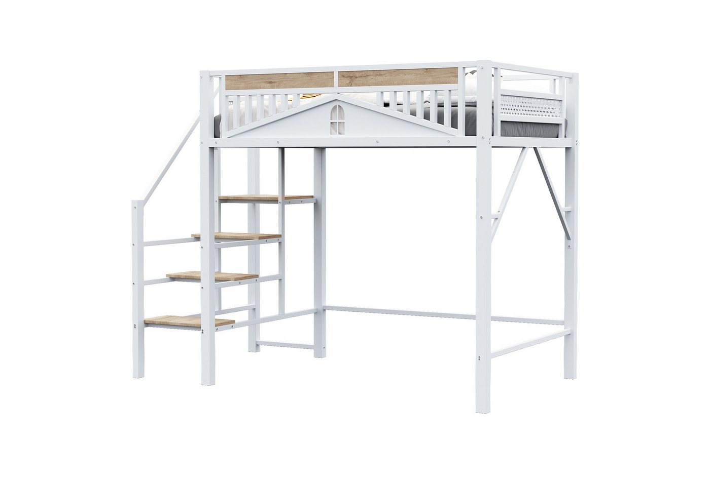 OKWISH Kinderbett Hochbett Einzelbett (mit Fensterdesign, Sicherheitsleiter und Stauraum – Platzsparendes Bett, 140x200 cm), Inklusive Matratze von OKWISH