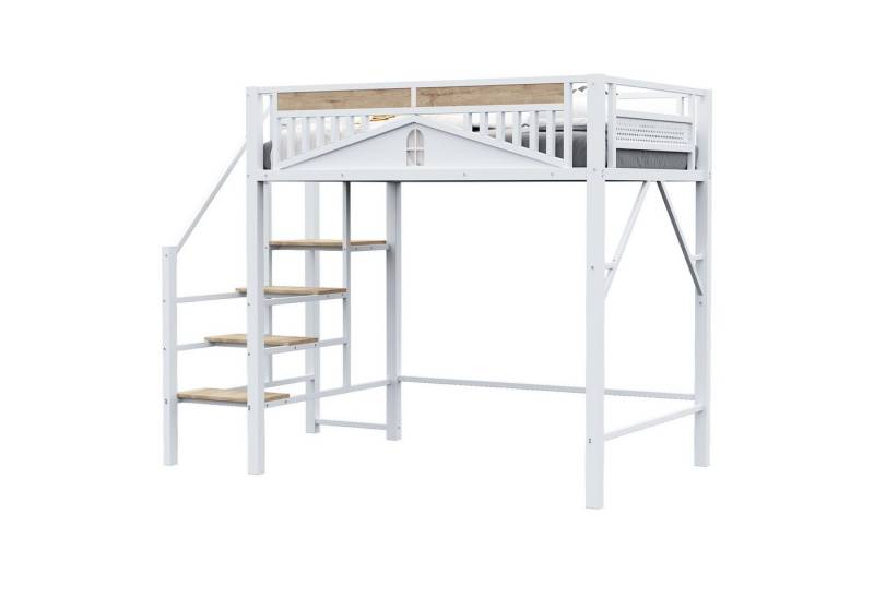 OKWISH Kinderbett Hochbett Einzelbett (mit Fensterdesign, Sicherheitsleiter und Stauraum – Platzsparendes Bett, 140x200 cm), Inklusive Matratze von OKWISH