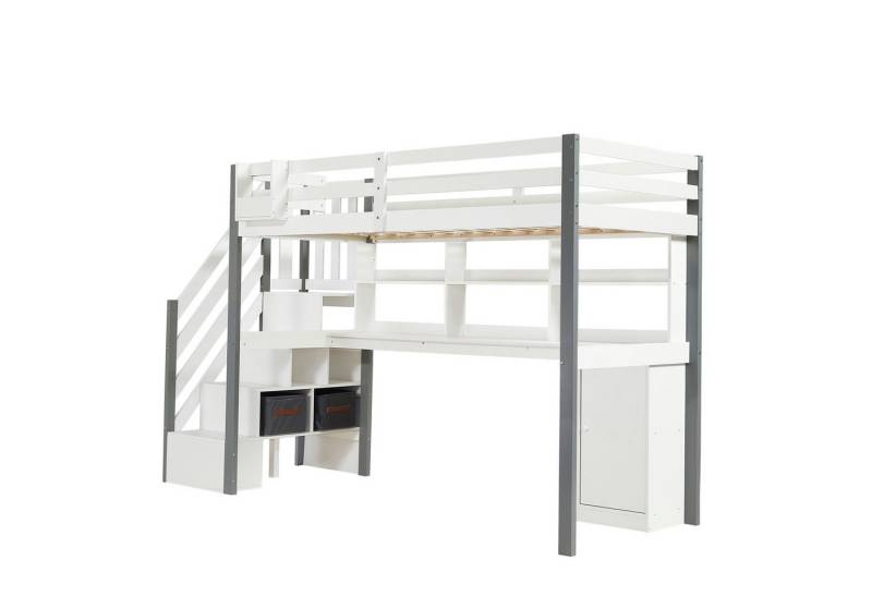 OKWISH Kinderbett Hochbett Funktionsbett (mit Stauraum und seitlicher Leiter, Integriertem Bücherregal, Stoff-Aufbewahrungsboxen und Schreibtisch, 90x200cm, Ideal für Kinder- und Jugendzimmer), ohne Matratze von OKWISH