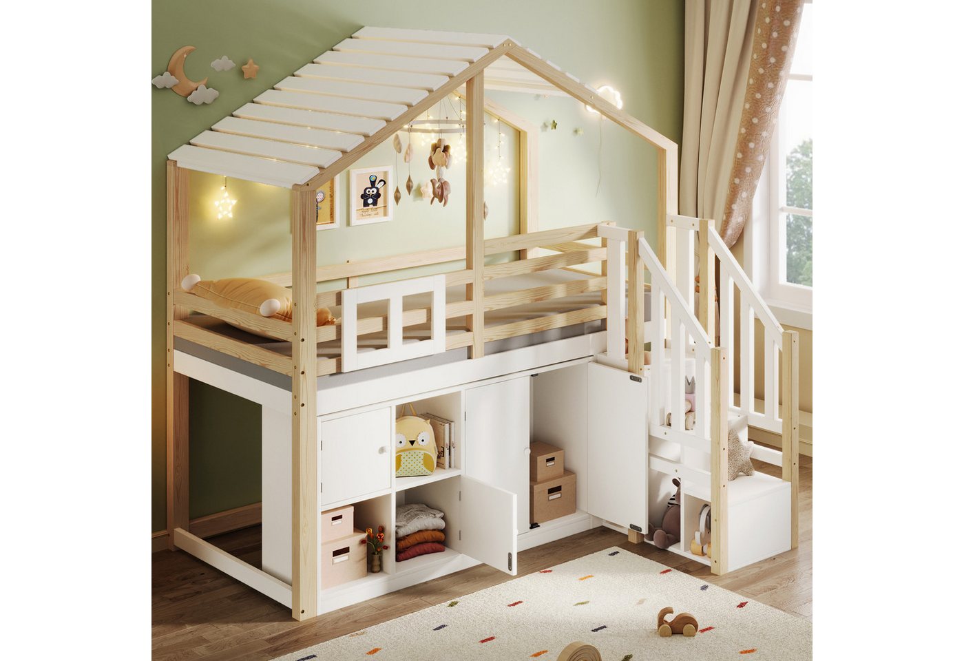 OKWISH Kinderbett Hochbett Holzbett (mit Fenster & Stauraumleiter, sicheres Kinderbett aus Massivholz mit Bettgitter und mehreren Schließfächern, 90x200cm), ohne Matratze von OKWISH