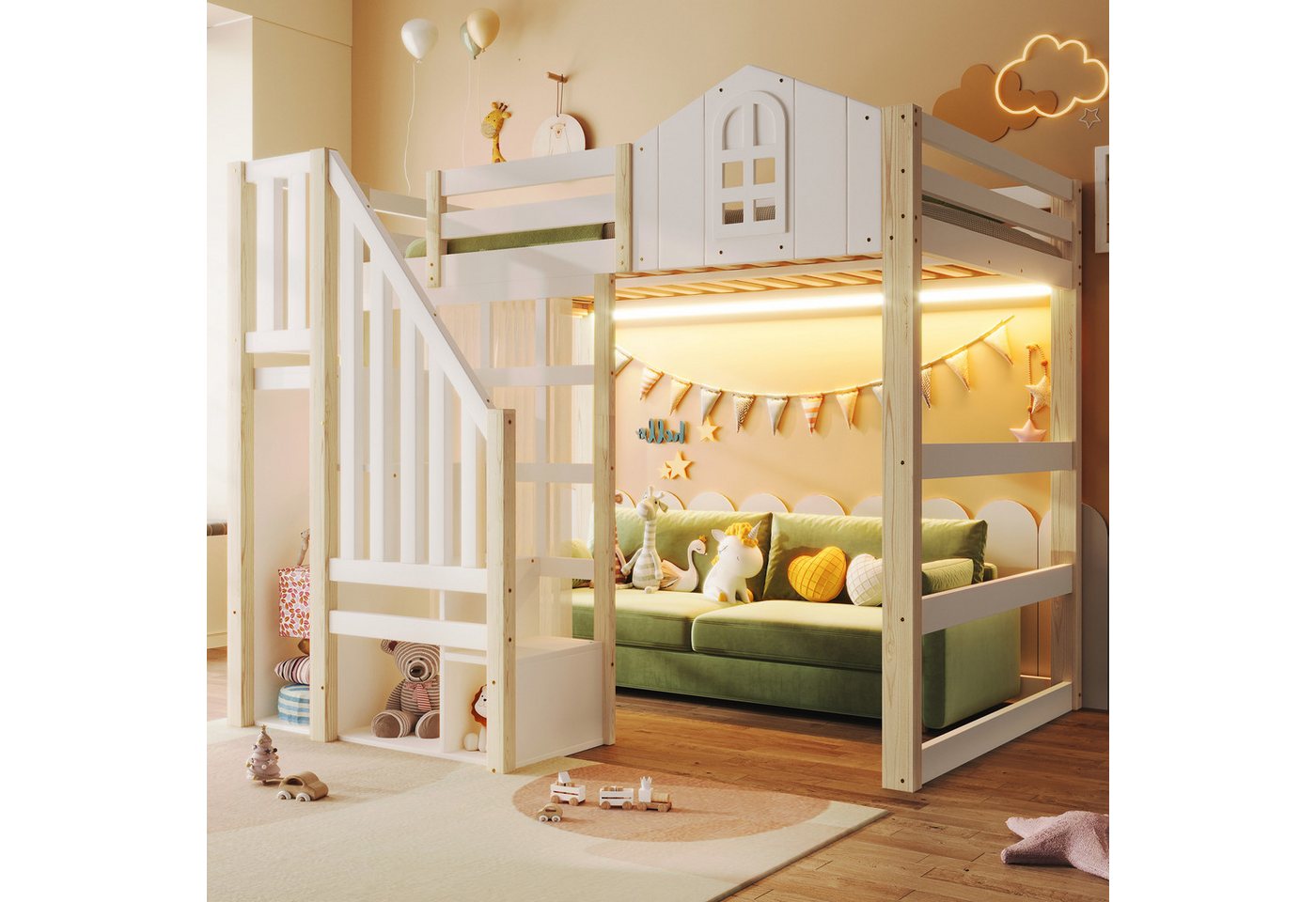 OKWISH Kinderbett Hochbett Holzbett (mit LED-Beleuchtung, Fensterdesign & Ablageleiter, sicheres Kinderbett mit offenem Stauraum und Gaze-Vorhang, 140x200cm), ohne Matratze von OKWISH