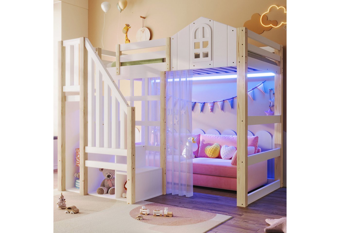 OKWISH Kinderbett Hochbett Holzbett (mit LED-Beleuchtung, Fensterdesign & Ablageleiter, sicheres Kinderbett mit offenem Stauraum und Gaze-Vorhang, 90x200cm), ohne Matratze von OKWISH