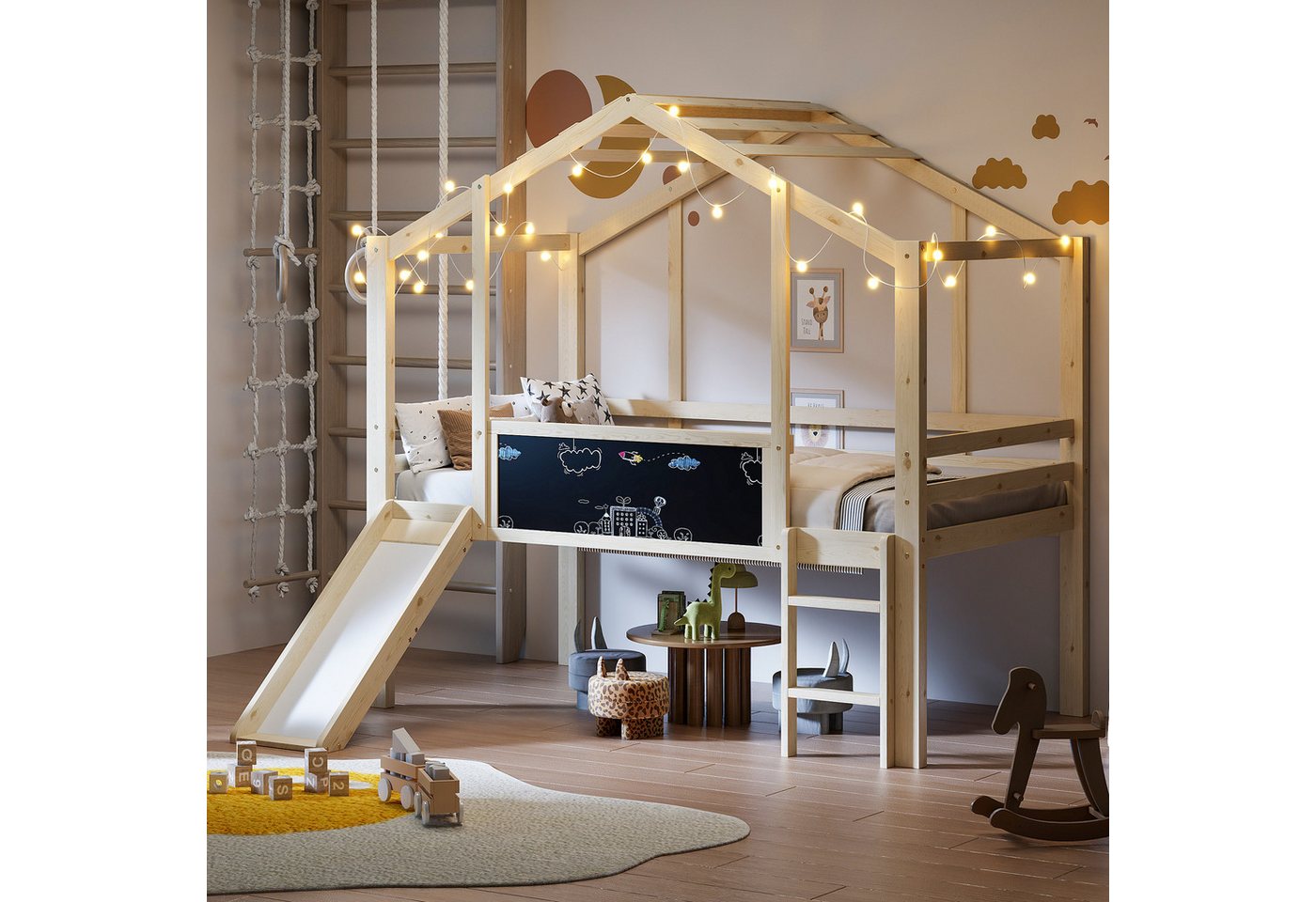 OKWISH Kinderbett Hochbett Holzbett (mit Rutsche & Leiter, Massivholzbett im Hausstil, Kreativ-Tafel, 90×200 cm), ohne Matratze von OKWISH