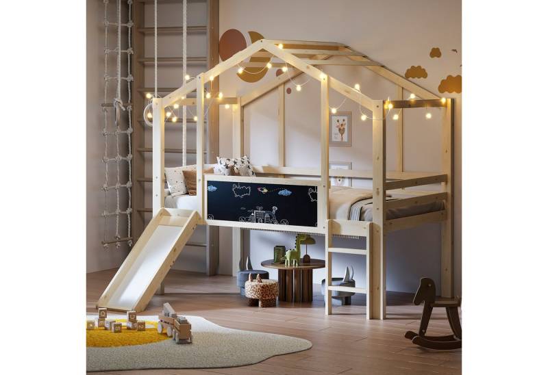 OKWISH Kinderbett Hochbett Holzbett (mit Rutsche & Leiter, Massivholzbett im Hausstil, Kreativ-Tafel, 90×200 cm), ohne Matratze von OKWISH