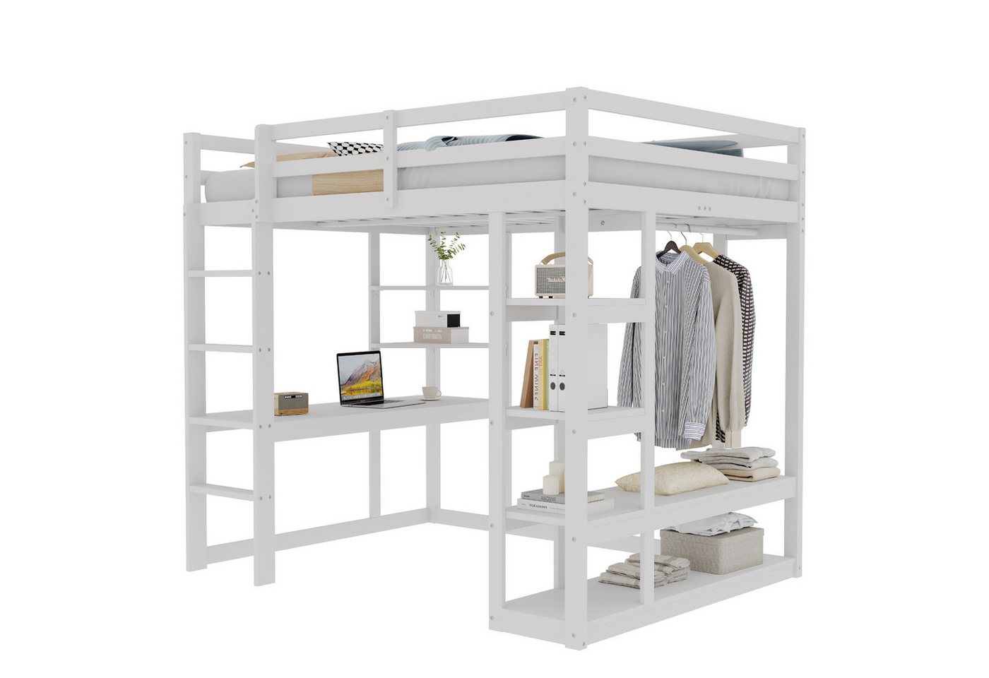 OKWISH Kinderbett Hochbett Holzbett (mit integriertem Kleiderschrank, Regalen und 140x200 cm Matratzenbereich, aus Massivholz mit Schreibtisch, Stauraum und Leiter), ohne Matratze von OKWISH