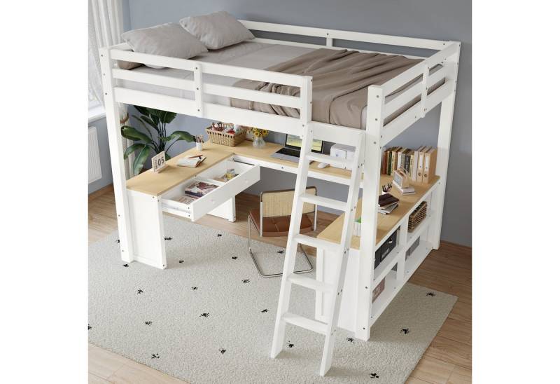OKWISH Kinderbett Hochbett Holzbett (mit stabilem Lattenrost, U-förmigem Schreibtisch, Aufbewahrungsregal und zwei Schubladen, 140 x 200cm), ohne Matratze von OKWISH