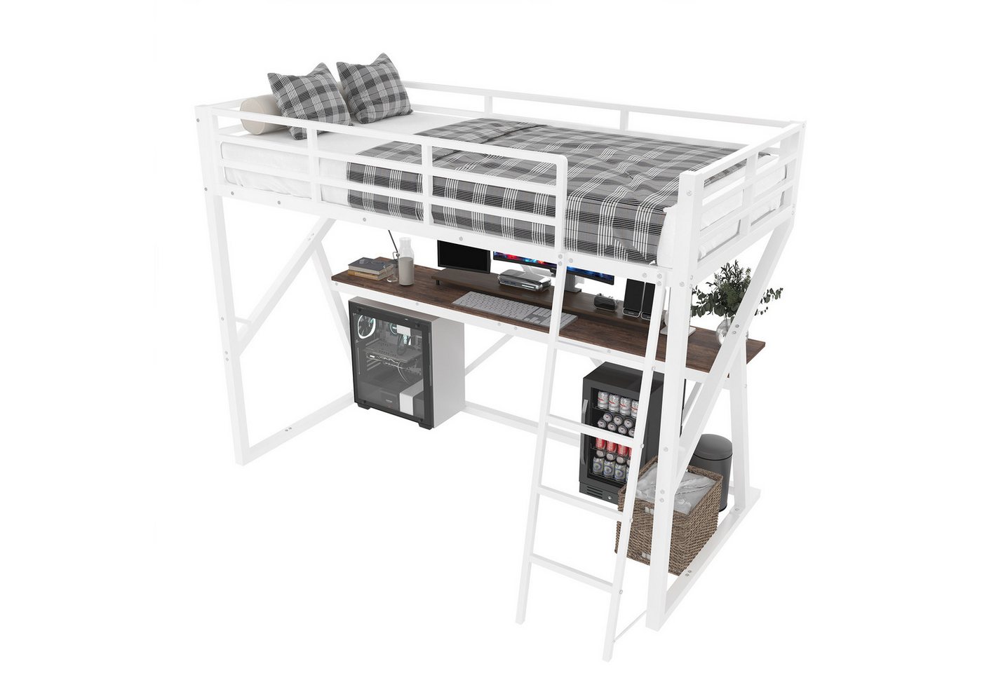 OKWISH Kinderbett Hochbett Metallbett (90x200 cm mit LED, Treppe & Schreibtisch, Sicheres Spiel-, Lern- & Schlafparadies aus Metall & MDF), ohne Matratze von OKWISH