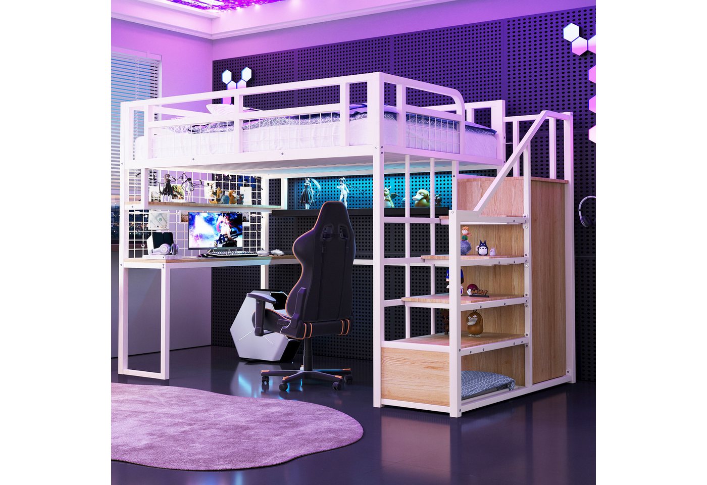 OKWISH Kinderbett Hochbett Metallbett (mit Aufbewahrungsleiter & Kleiderschrank, Arbeits- & Spielbereich, 140x200cm), Inklusive Matratze von OKWISH