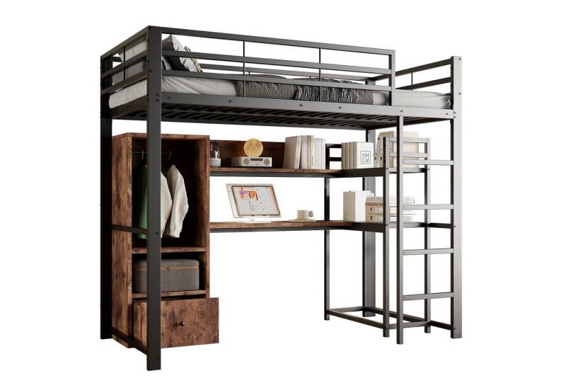 OKWISH Kinderbett Hochbett Metallbett (mit Schreibtisch, LED-Beleuchtung und Stauraum, Metallrahmen, 90 x 200 cm, Mit Regalen und Geländern), Inklusive Matratze von OKWISH