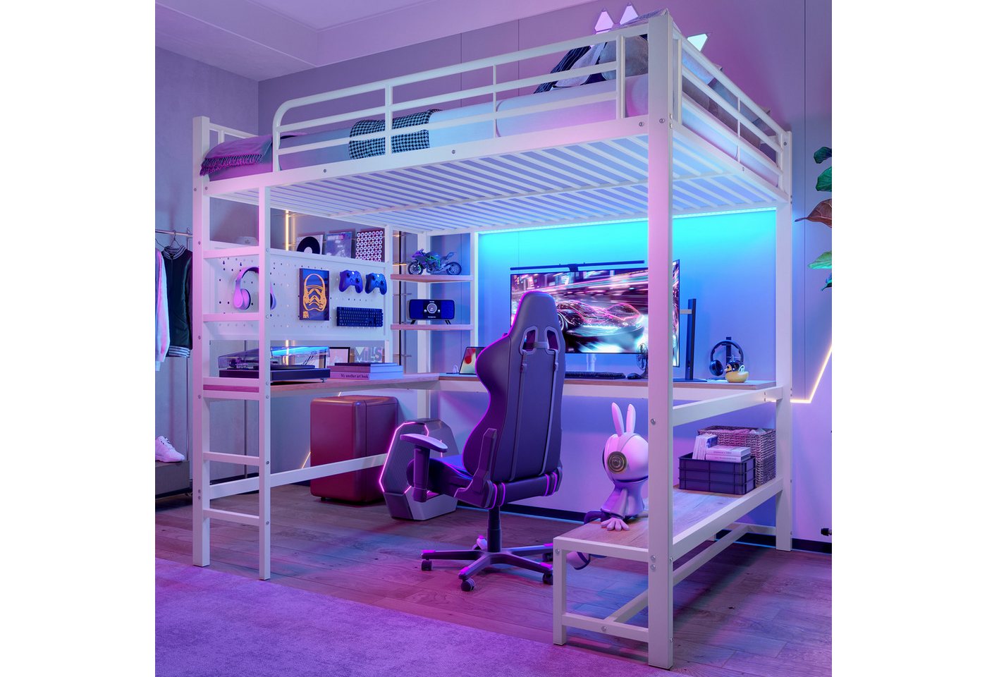 OKWISH Kinderbett Hochbett Metallbett (mit Schreibtisch und LED-Beleuchtung, Eisenrahmen, multifunktionale Ablagen, USB-C Steckdose, Sicherheit Geländer & Trittleiter, 140x200 cm), ohne Matratze von OKWISH