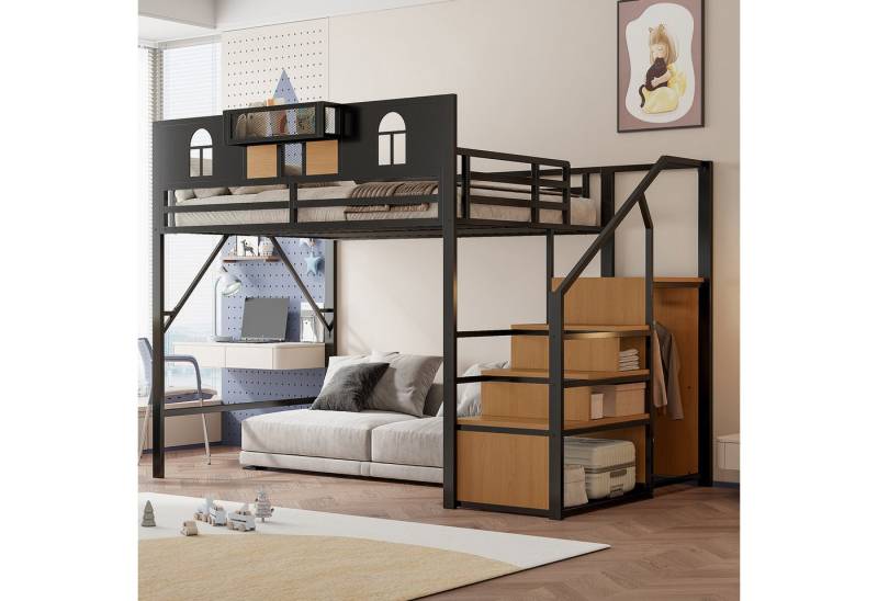 OKWISH Kinderbett Hochbett Metallbett (mit Stauraum Leiter & Fenster, Ablage und Netzgewebe, Stabiler Rahmen, 140x200cm), Inklusive Matratze von OKWISH