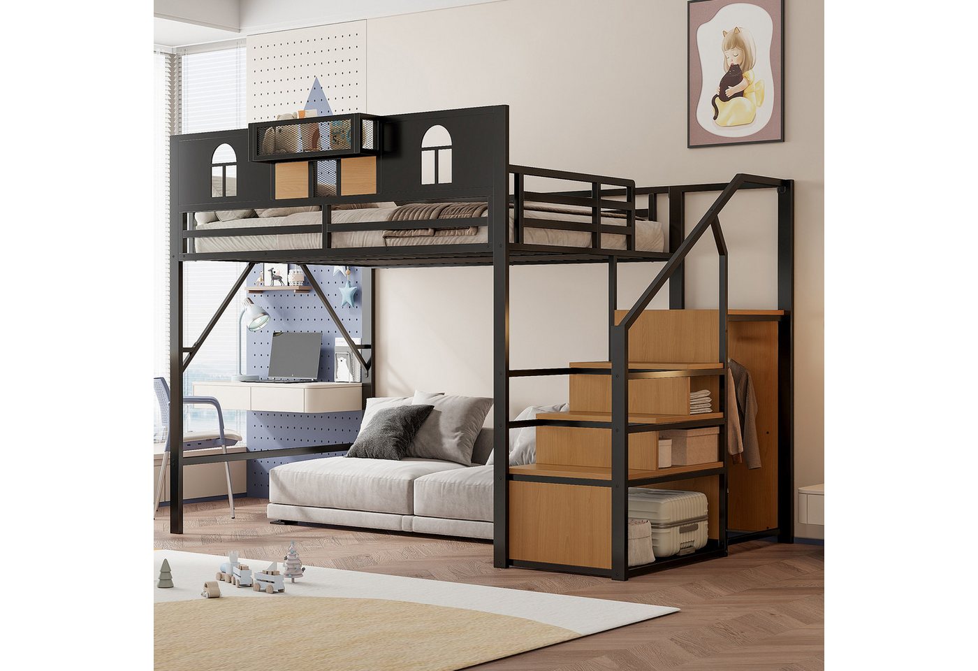 OKWISH Kinderbett Hochbett Metallbett (mit Stauraum Leiter & Fenster, Ablage und Netzgewebe, Stabiler Rahmen, 140x200cm), ohne Matratze von OKWISH