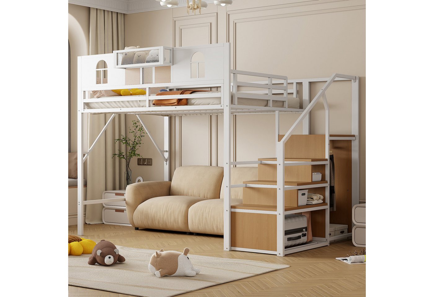 OKWISH Kinderbett Hochbett Metallbett (mit Stauraum Leiter & Fenster, Ablage und Netzgewebe, Stabiler Rahmen, 140x200cm), ohne Matratze von OKWISH