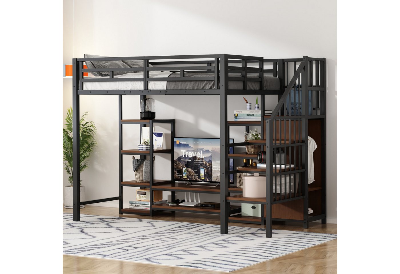 OKWISH Kinderbett Hochbett Metallbett (mit integriertem TV-Regal, Steckdose & Sicherheitsleiter, Metall-Holz-Struktur, 90x200 cm), ohne Matratze von OKWISH