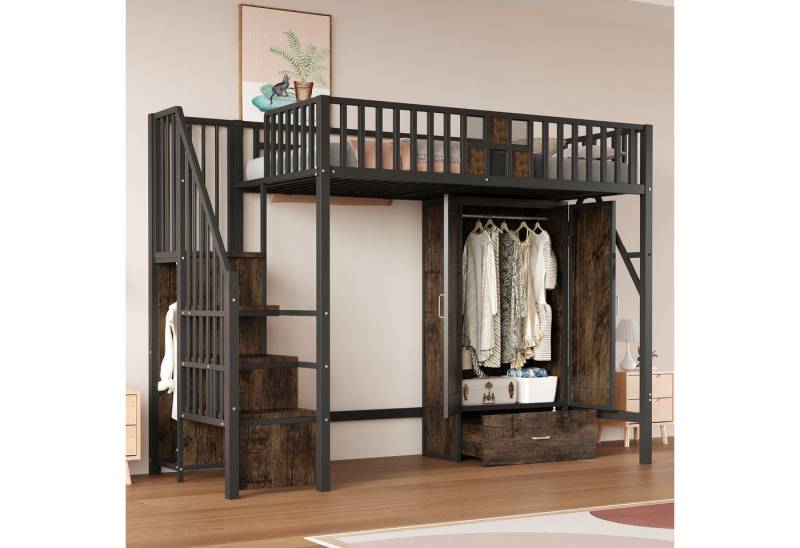 OKWISH Kinderbett Hochbett Metallbett (mit markantem Geländerdesign, großem Kleiderschrank & Aufbewahrungsleiter, 90x200 cm), ohne Matratze von OKWISH