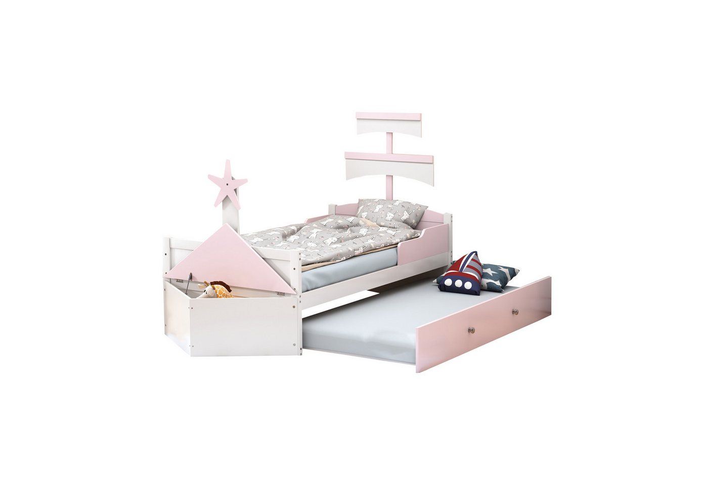 OKWISH Kinderbett Holz-Einzelbett in Segelbootform, Funktionsbett (mit Ausziehbarem Bett und Stauraum, 90 x 200 cm), ohne Matratze von OKWISH