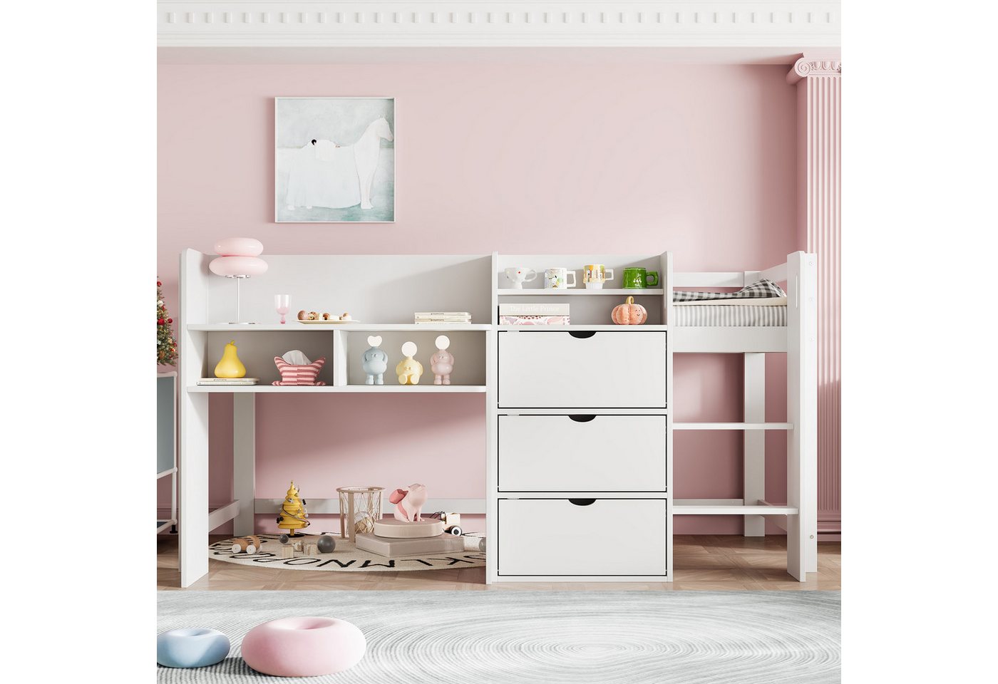 OKWISH Kinderbett Holzbett (mit integriertem Stauraum, Entertainment-Bereich & stabiler Leiter, 90x200 cm), ohne Matratze von OKWISH