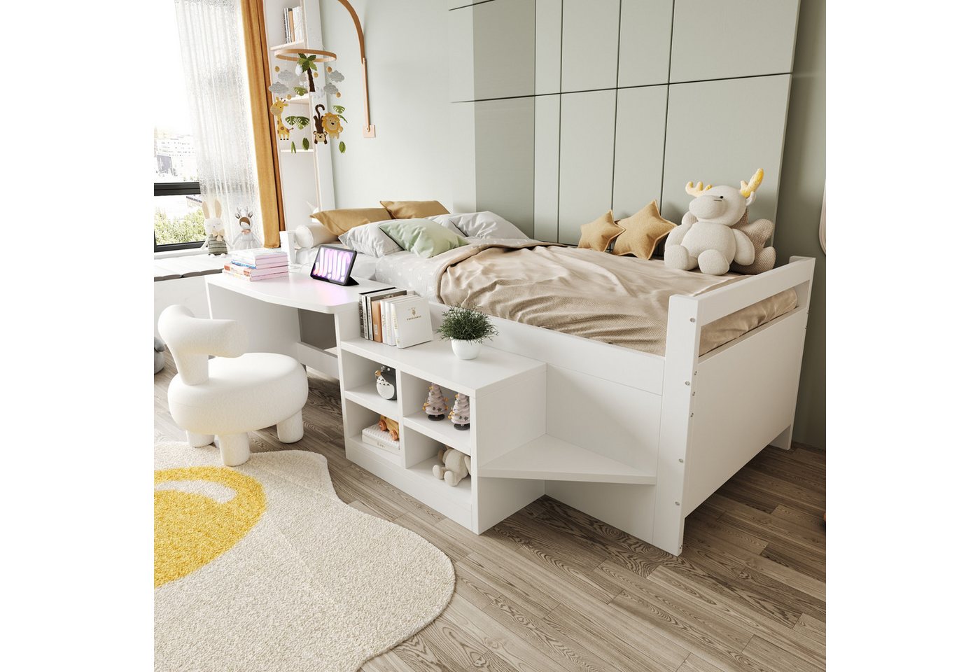 OKWISH Kinderbett Holzbett Einzelbett (mit integriertem Schreibtisch, USB-Steckdosen & Staufächern, robustes Holzbett, 90×200 cm), ohne Matratze von OKWISH