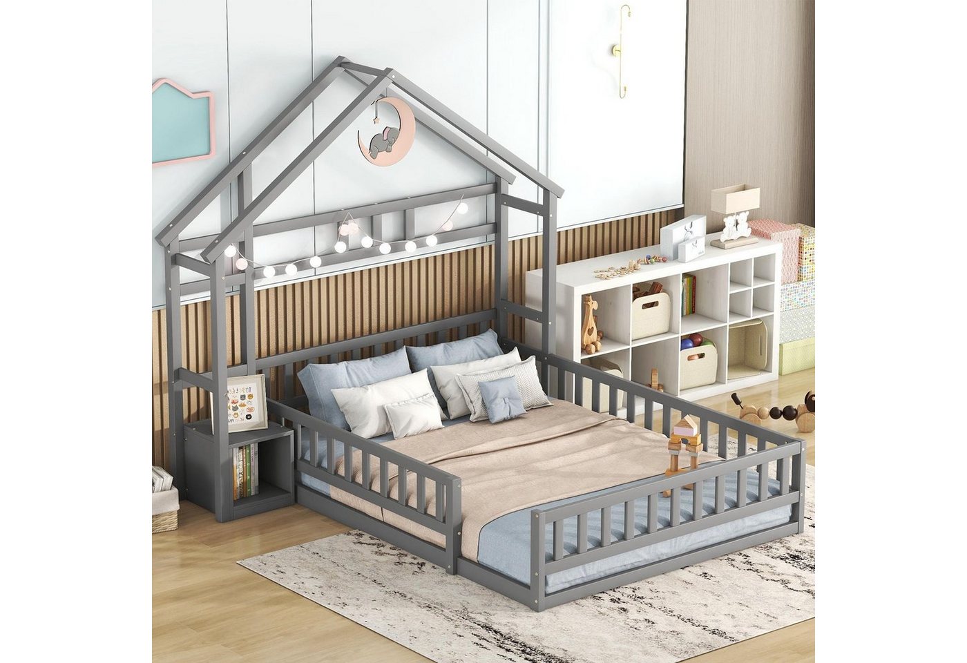 OKWISH Kinderbett Holzbett Funktionsbett Hausbetten (Flachbetten140 x 200cm, mit Geländer Nachttischen), ohne Matratze von OKWISH