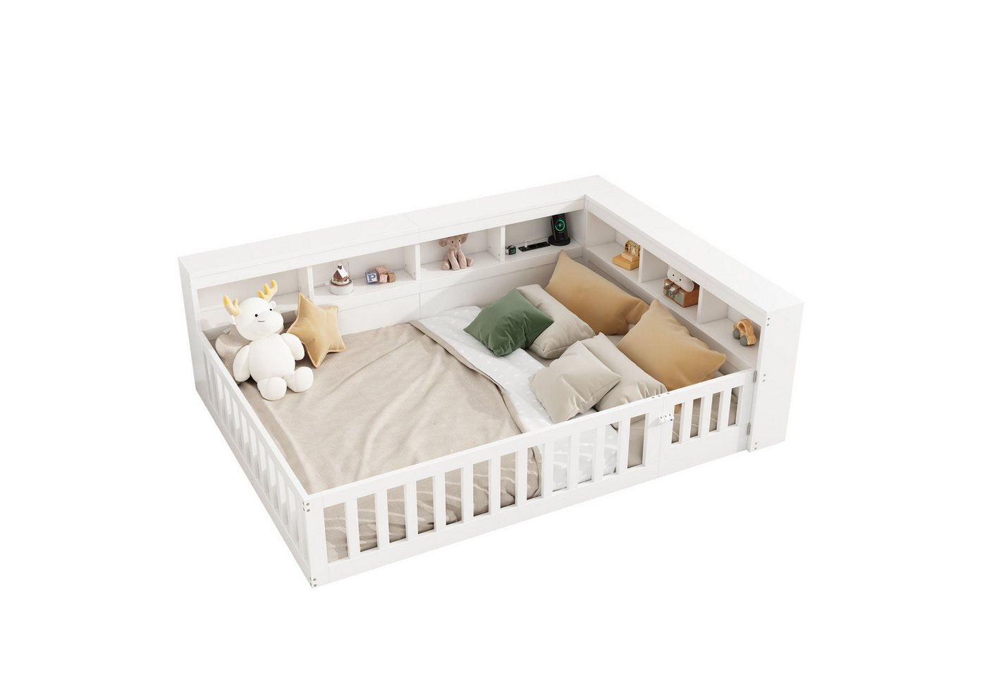 OKWISH Kinderbett Holzbett Stauraumbett (140x200cm mit USB & Steckdose, Stauraum & Geländer, ideal für Familien & Studenten), ohne Matratze von OKWISH