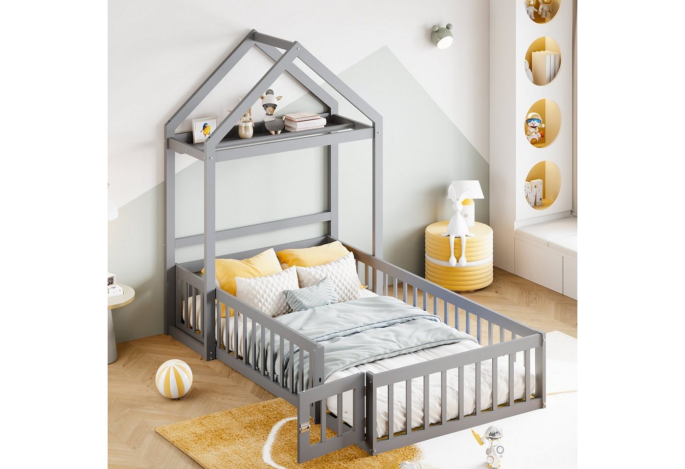 OKWISH Kinderbett Holzbett mit Stauraum, Vollschutzgitter und Türen und Lattenrost (90 x 200 cm), ohne Matratze von OKWISH