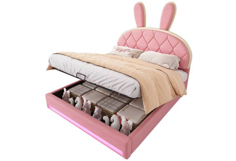 OKWISH Kinderbett Hydraulisches Polsterbett Doppelbett Jugendbett (mit Kaninchen-Kopfteil, LED und Stauraum, Verstellbares Doppelbett 140x200 cm, Jugendzimmer & Schlafzimmer), Ohne Matratze von OKWISH