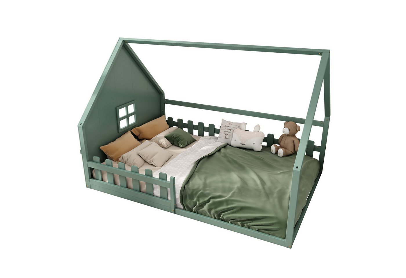 OKWISH Kinderbett Jugendbett,mit HausDesign (Kinderbett,aus Kiefernholz & MDF mit Haus-Geländer, 140 x 200 cm), ohne Matratze von OKWISH