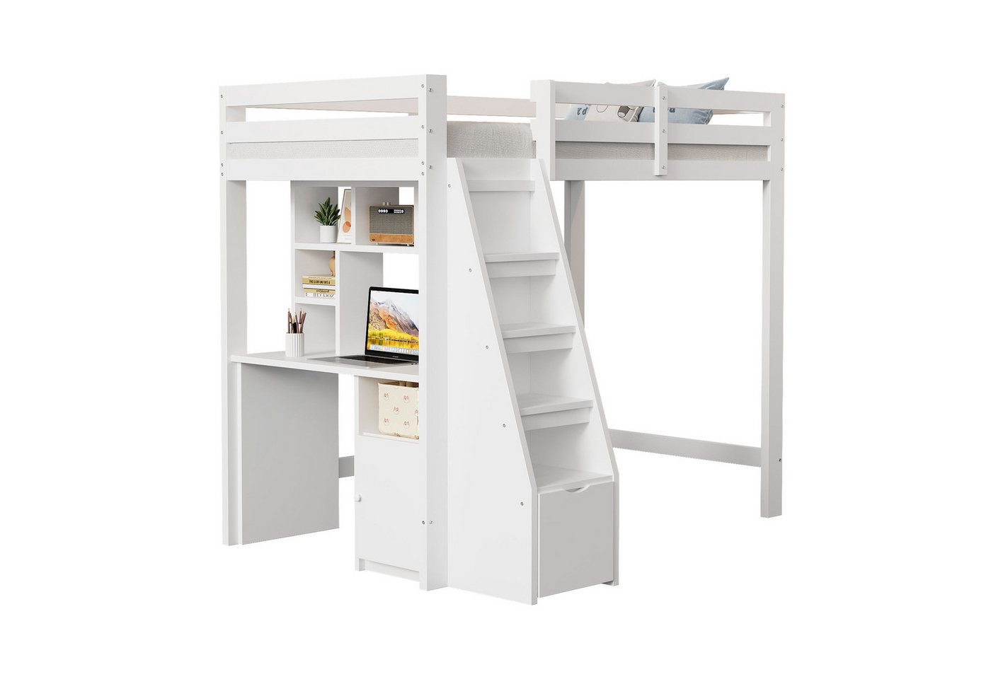 OKWISH Kinderbett Jugendbett Hochbett Stauraumbett Einzelbett (mit Massivholzrahmen, integrierter Schreibtisch & Treppe mit Stauraum, 90x200 cm), ohne Matratze von OKWISH