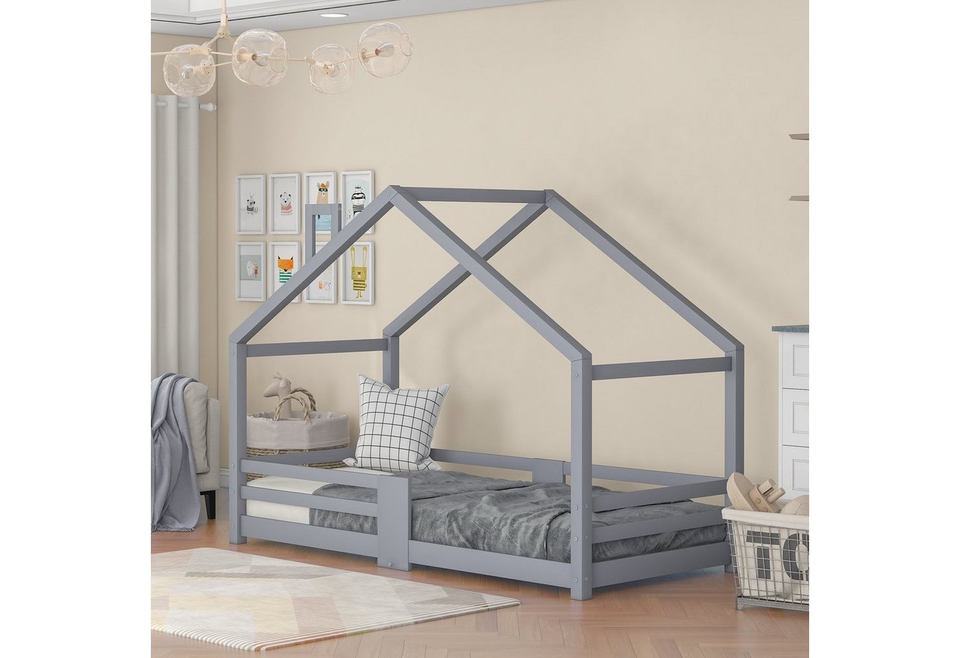 OKWISH Kinderbett Kinder Bett Jugendbett Holzbett Hausbett Kinderhaus Massivholzbett (Massivholz Bett ohne Matratze), 90×200cm,aus Kiefer Holz,Grau von OKWISH