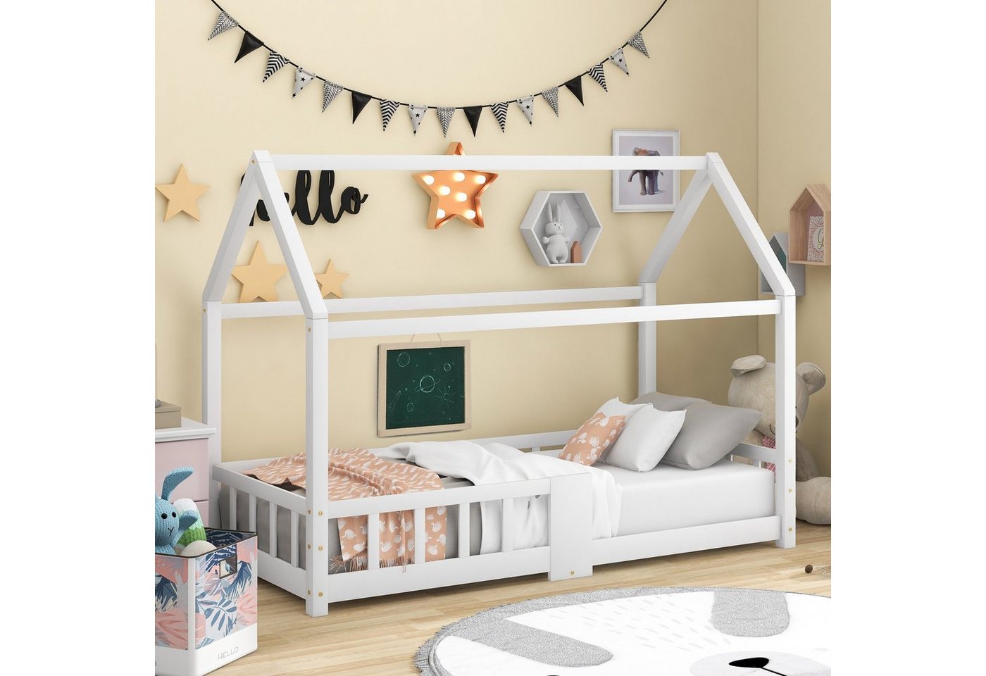 OKWISH Kinderbett Kinder Bett Jugendbett Holzbett Hausbett Kinderhaus Massivholzbett (Massivholz Bett ohne Matratze), 90×200cm,aus Kiefer Holz,Weiß von OKWISH