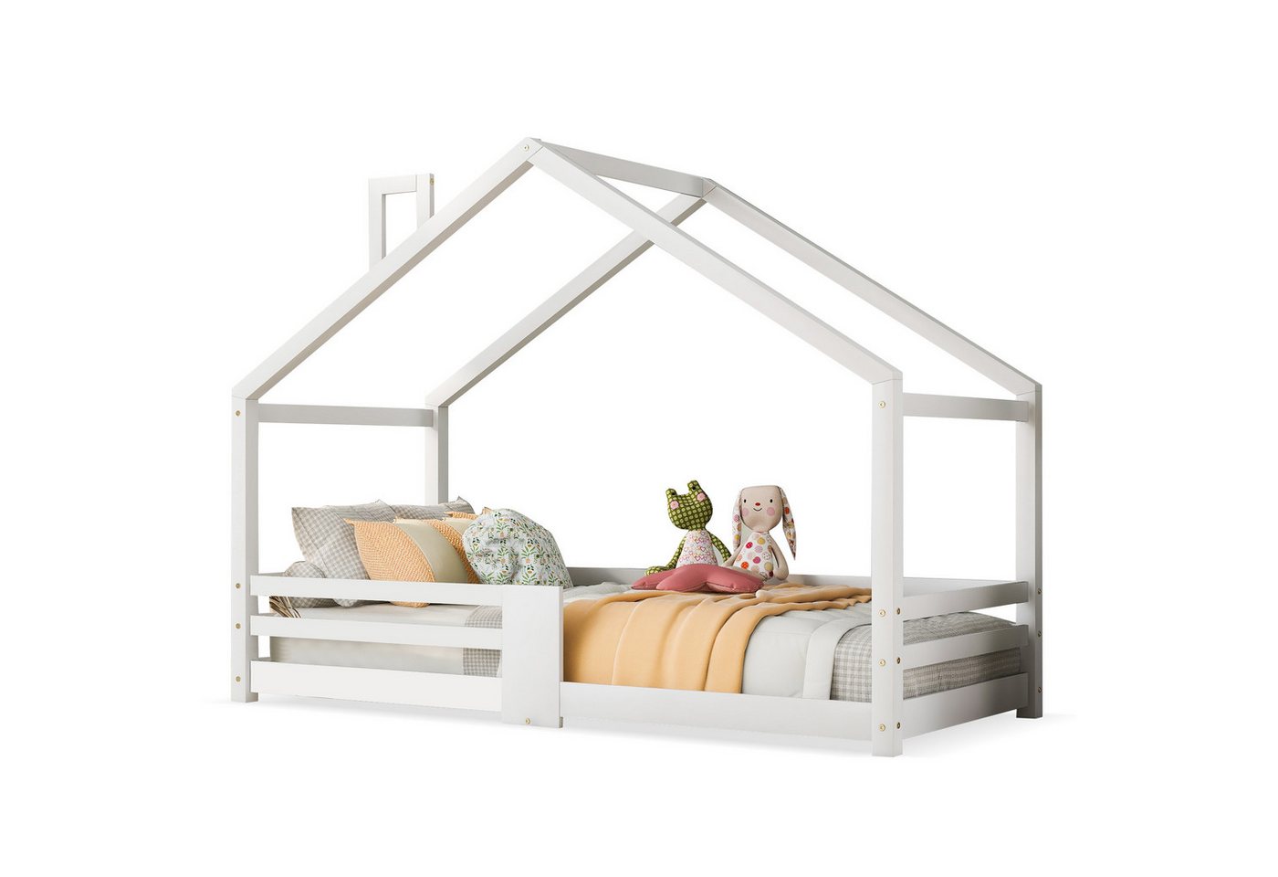 OKWISH Kinderbett Kinder Bett Jugendbett Holzbett Hausbett Kinderhaus Massivholzbett (Massivholz Bett ohne Matratze), 90×200cm,aus Kiefer Holz,Weiß von OKWISH