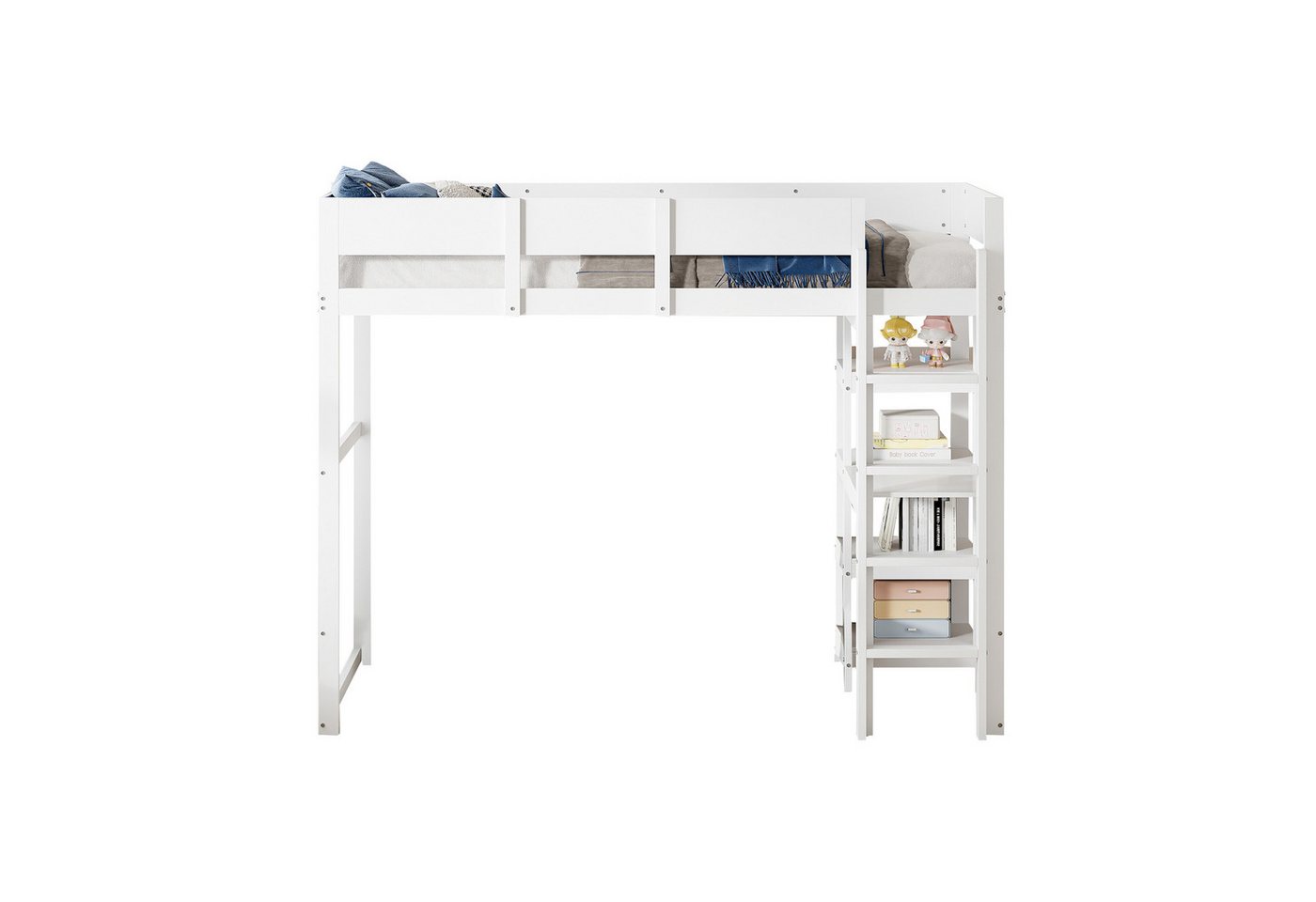 OKWISH Kinderbett Massives Kiefernholz-Hochbett, Stauraumbett Holzbett (mit Lattenrost und Ablage, geeignet für Kinder und Jugendliche, 90 x 200 cm), ohne Matratze von OKWISH