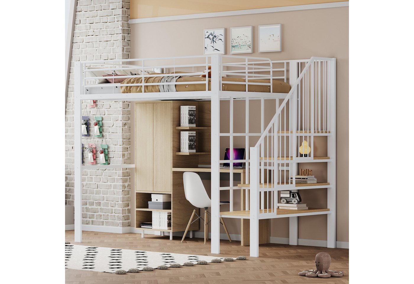 OKWISH Kinderbett Metallbett (mit stabiler Metallkonstruktion, geräumigem Stauraum & integrierter Treppe, 140x200 cm), ohne Matratze von OKWISH