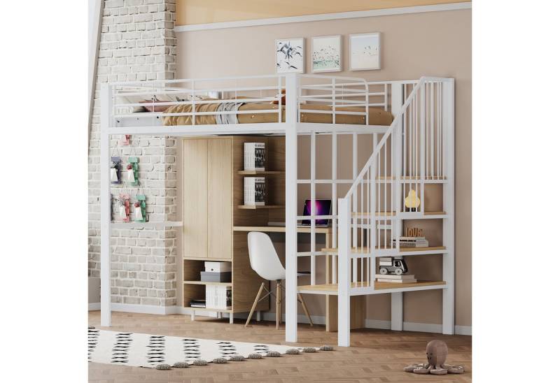 OKWISH Kinderbett Metallbett (mit stabiler Metallkonstruktion, geräumigem Stauraum & integrierter Treppe, 140x200 cm), ohne Matratze von OKWISH