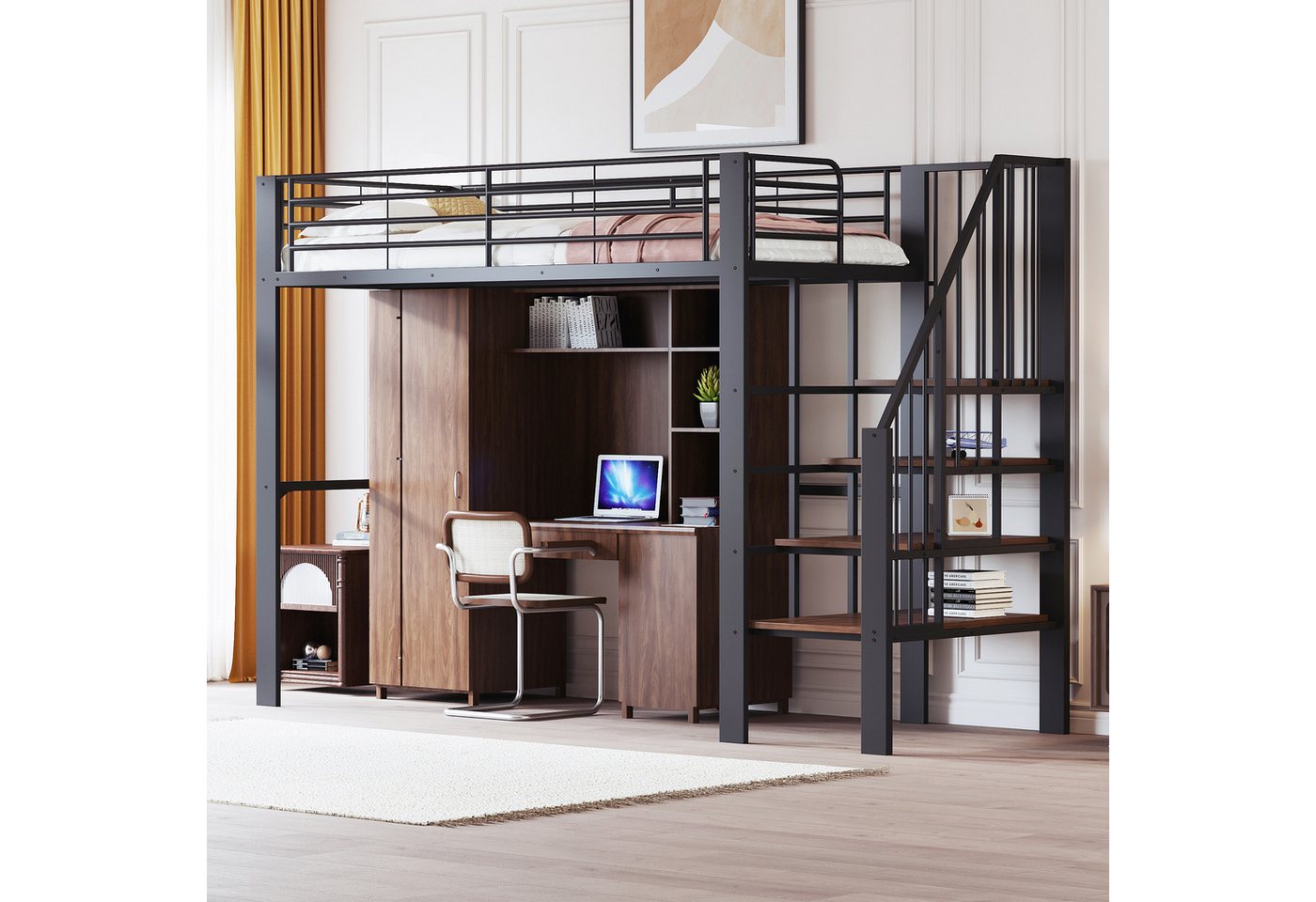 OKWISH Kinderbett Metallbett (mit stabiler Metallkonstruktion, geräumigem Stauraum & integrierter Treppe, 90x200 cm), ohne Matratze von OKWISH