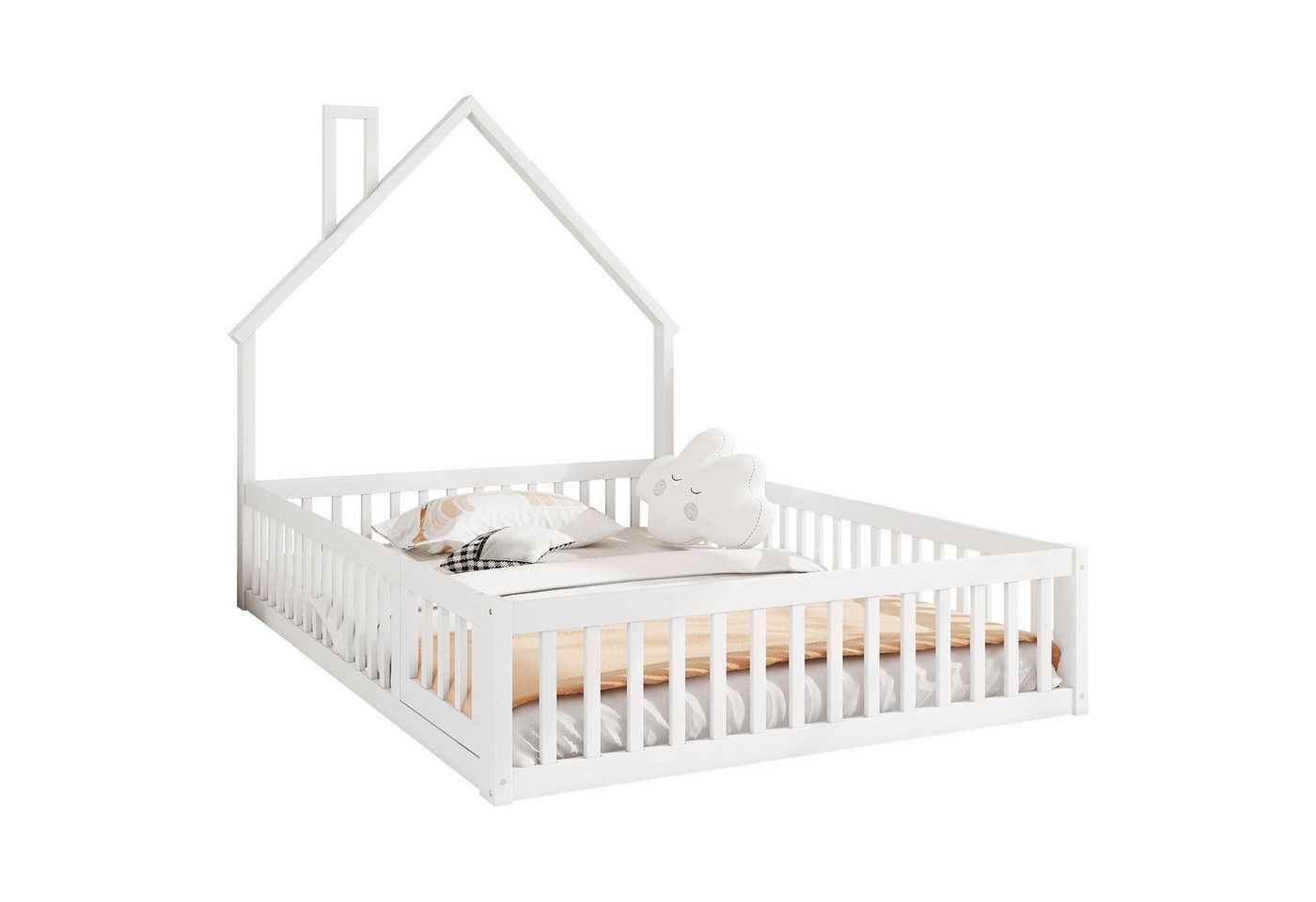 OKWISH Kinderbett Minimalistisches Hausbett für Kinder, Jugendbett Gästebett Doppelbett (mit Schornsteinform und Lattenrost, aus Kiefernholz, 140x200 cm), ohne Matratze von OKWISH