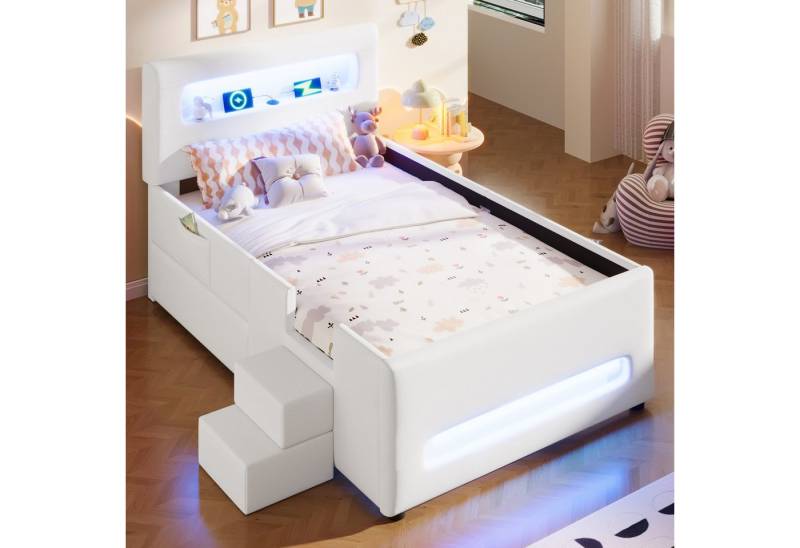 OKWISH Kinderbett Plattformbett mit LED-Lichtleisten & Schublade (mit LED-Lichtleisten & Schublade, Treppe inkl., Kunstlederbezug., 1-tlg., 218 x 97 x 95), mit Treppe von OKWISH