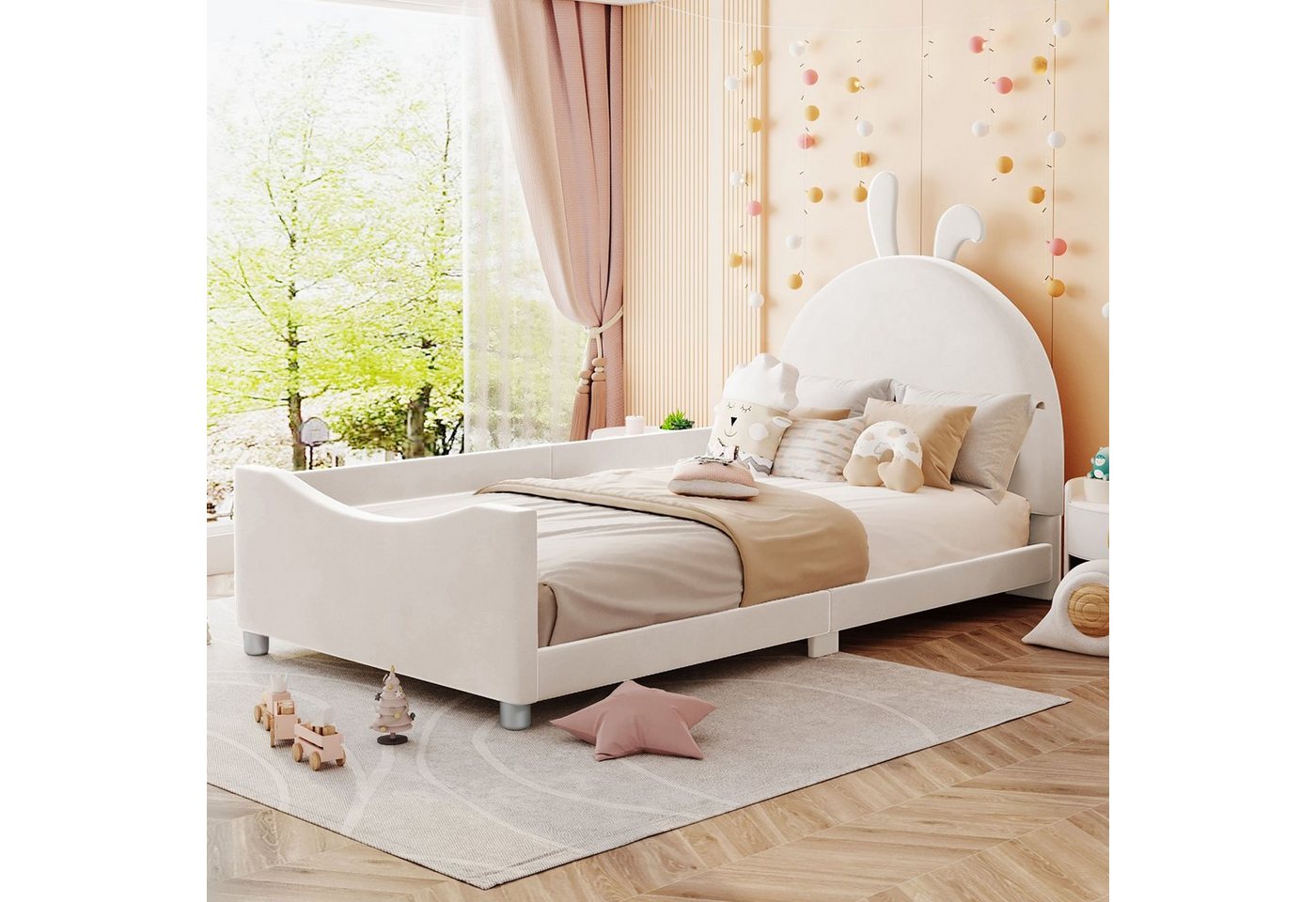 OKWISH Kinderbett Polsterbett Schlafsofa Bett Gästebett Einzelbett (mit Rückenlehne Armlehne Eltern-Kind-Bett, 90*200cm Bettgestell Flanell), ohne Matratze von OKWISH