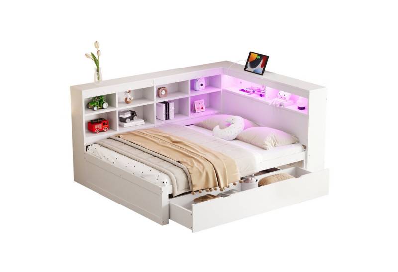 OKWISH Kinderbett Schlafsofa Funktionsbett Stauraumbett (Doppelbett Daybett Tagesbett mit USB-Steckdose, LED-Beleuchtung und viel Stauraum – Extra große Schubladen, Regale und Ablagefächer, ideal für Gästezimmer und moderne Schlafzimmer, für Erwachsene und Teenager, 140x200 cm), ohne Matratze von OKWISH
